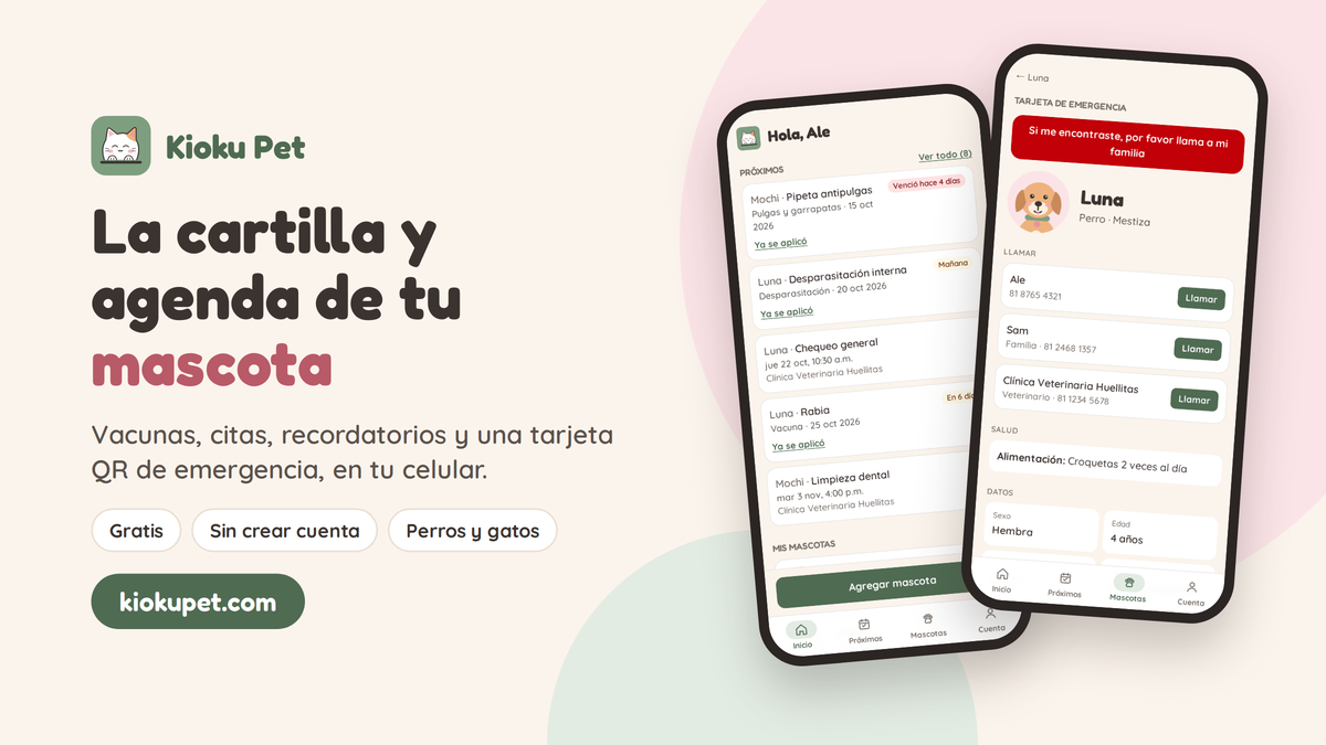 App Kioku Pet en dos celulares: próximas vacunas y citas, y la tarjeta de emergencia de una perrita