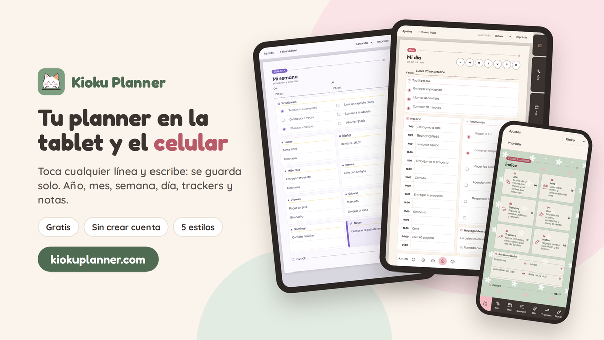 Kioku Planner en dos tablets y un celular: Mi semana, Mi día e Índice llenos