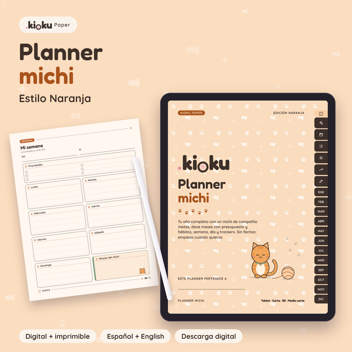 Planner Michi sin fechas para 2027: portada digital en una tablet y hoja impresa