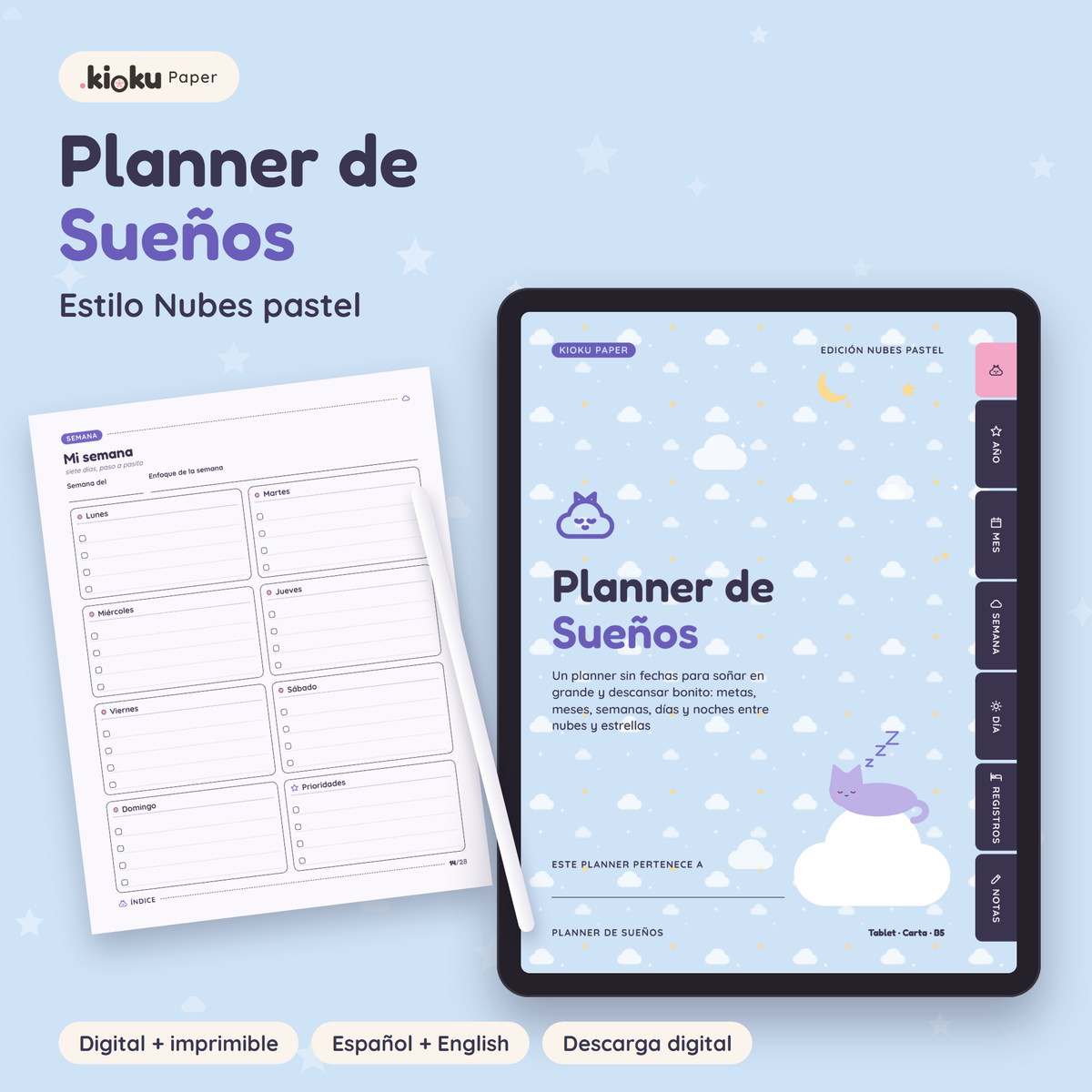 Planner digital abierto en una tablet junto a una hoja impresa tamaño carta