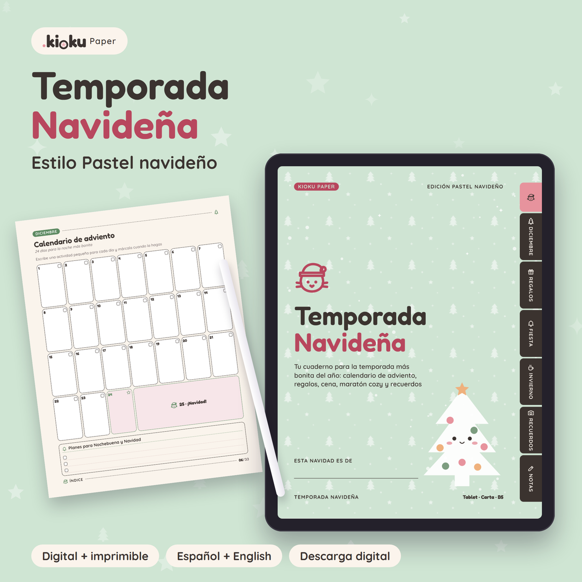 Temporada Navideña estilo Pastel navideño: cuaderno digital de Navidad en una tablet y hoja impresa