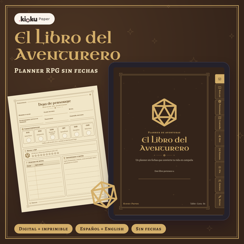 El Libro del Aventurero: portada del planner RPG digital en una tablet y la hoja de personaje impresa en tamaño carta