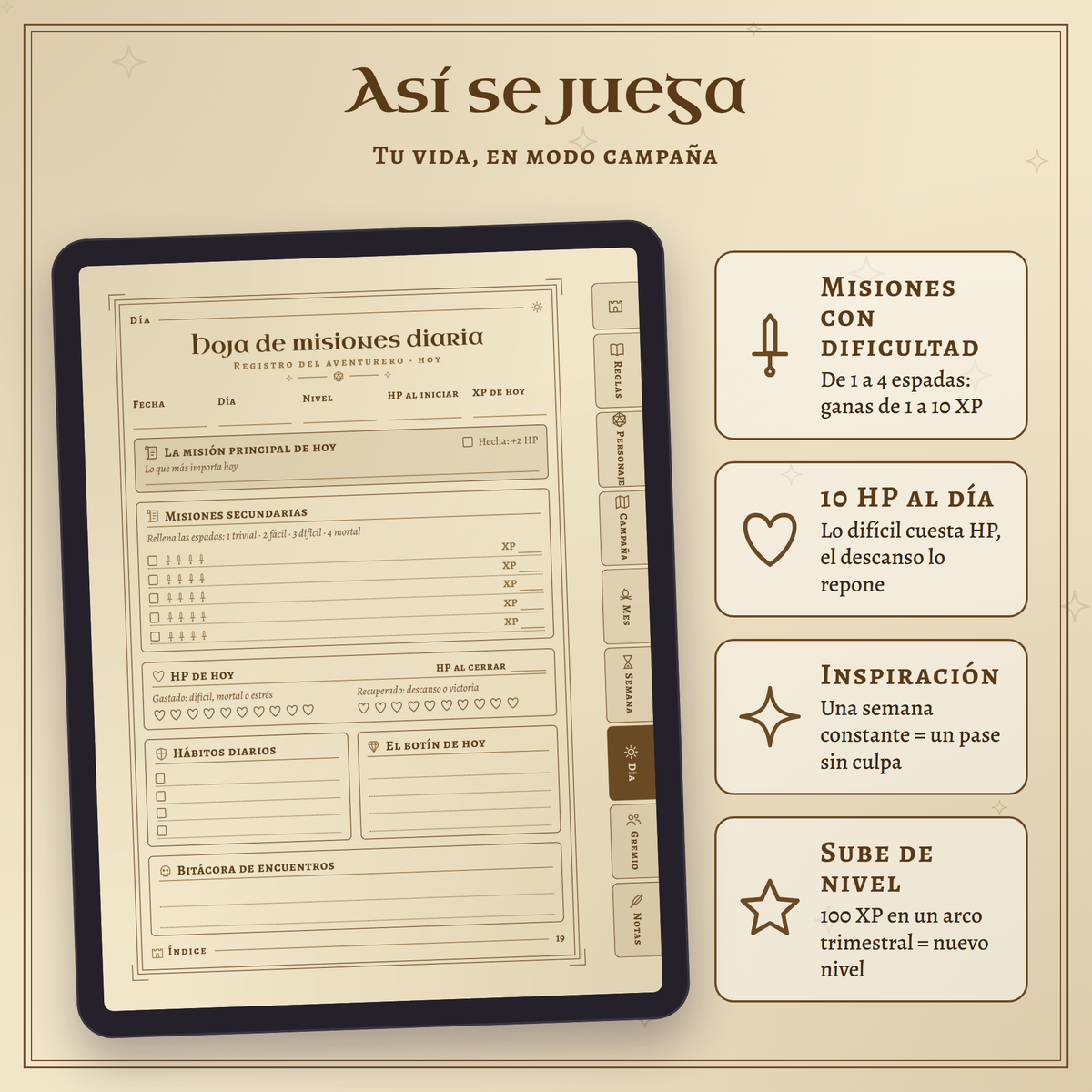 Hoja de misiones diaria en una tablet con las mecánicas del planner: misiones con dificultad y XP, 10 HP al día, Inspiración y subidas de nivel