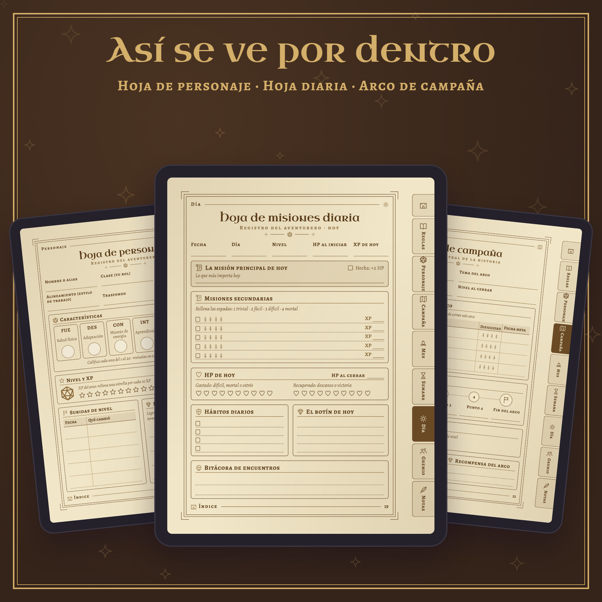 Páginas interiores de El Libro del Aventurero en tres tablets: hoja de personaje, hoja diaria y arco de campaña