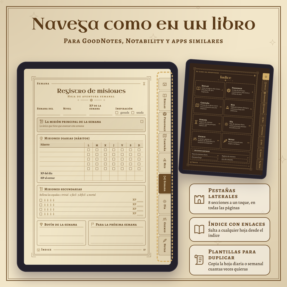 Planner digital con pestañas laterales e índice con enlaces para GoodNotes y Notability