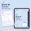 Diario de Sueños estilo Nubes pastel: portada de la versión digital en una tablet y una hoja impresa tamaño carta