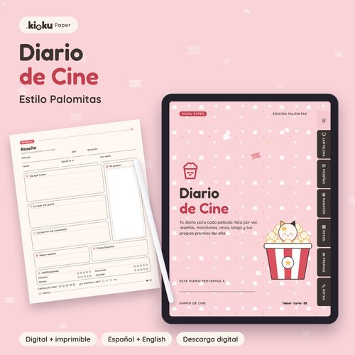 Diario de Cine estilo Palomitas: portada de la versión digital en una tablet y una hoja impresa tamaño carta
