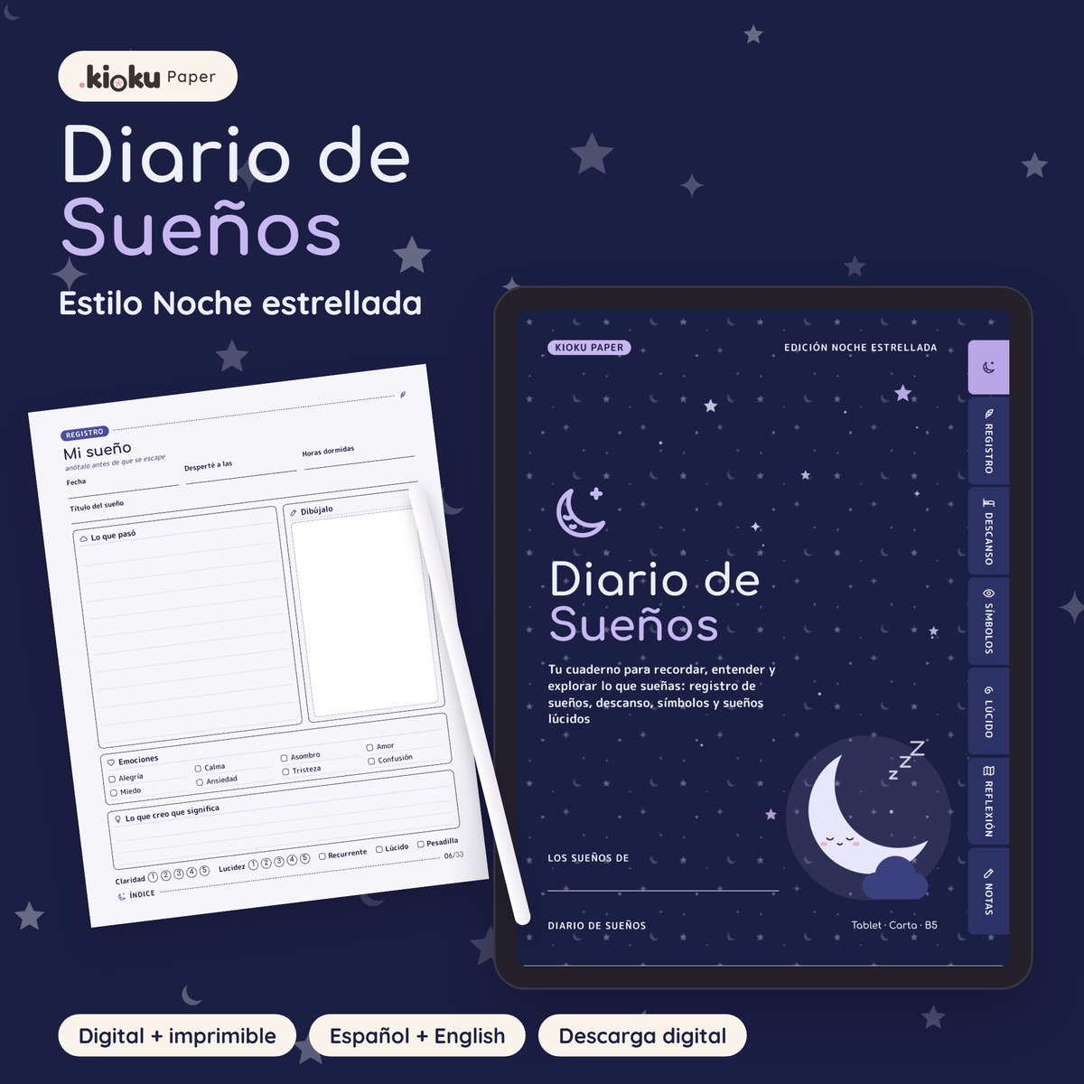 Diario de Sueños estilo Noche estrellada: portada de la versión digital en una tablet y una hoja impresa tamaño carta
