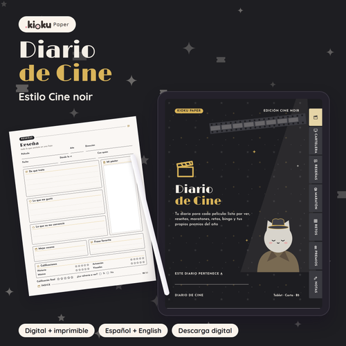 Diario de Cine estilo Cine noir: portada de la versión digital en una tablet y una hoja impresa tamaño carta