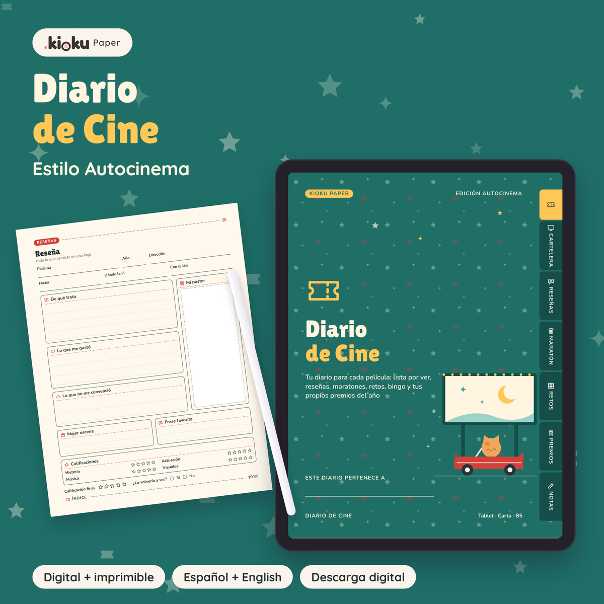 Diario de Cine estilo Autocinema: portada de la versión digital en una tablet y una hoja impresa tamaño carta