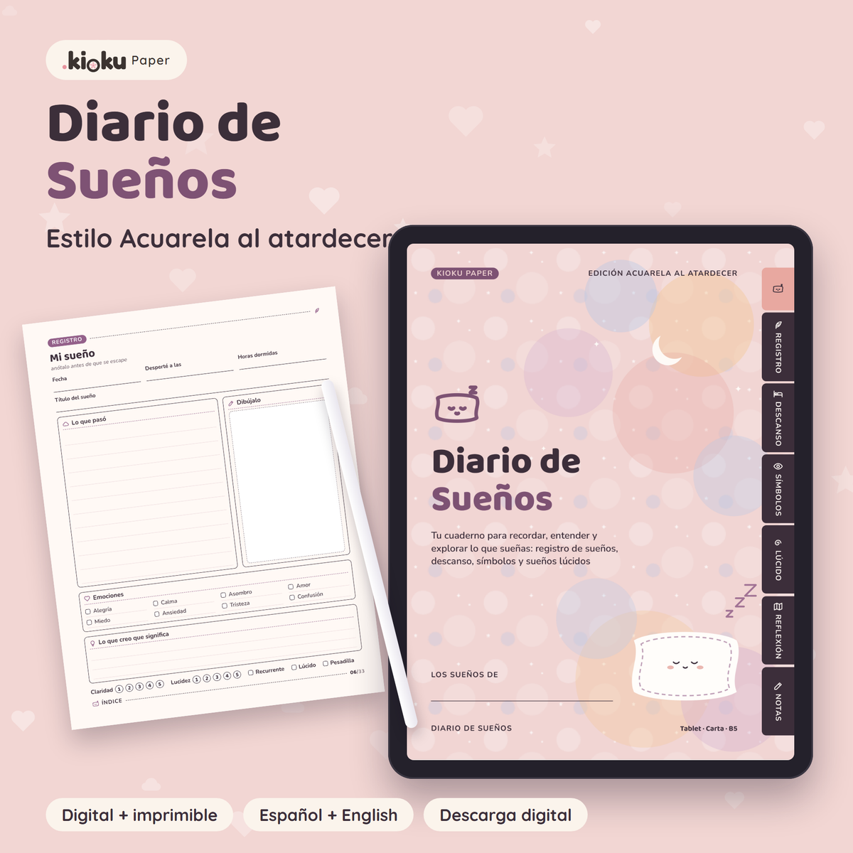 Diario de Sueños estilo Acuarela al atardecer: portada de la versión digital en una tablet y una hoja impresa tamaño carta
