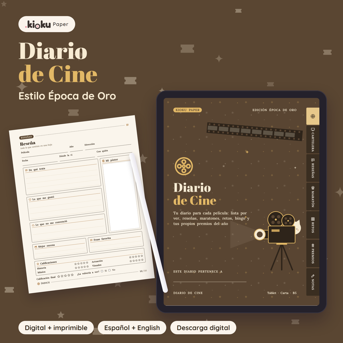 Diario de Cine estilo Época de Oro: portada de la versión digital en una tablet y una hoja impresa tamaño carta
