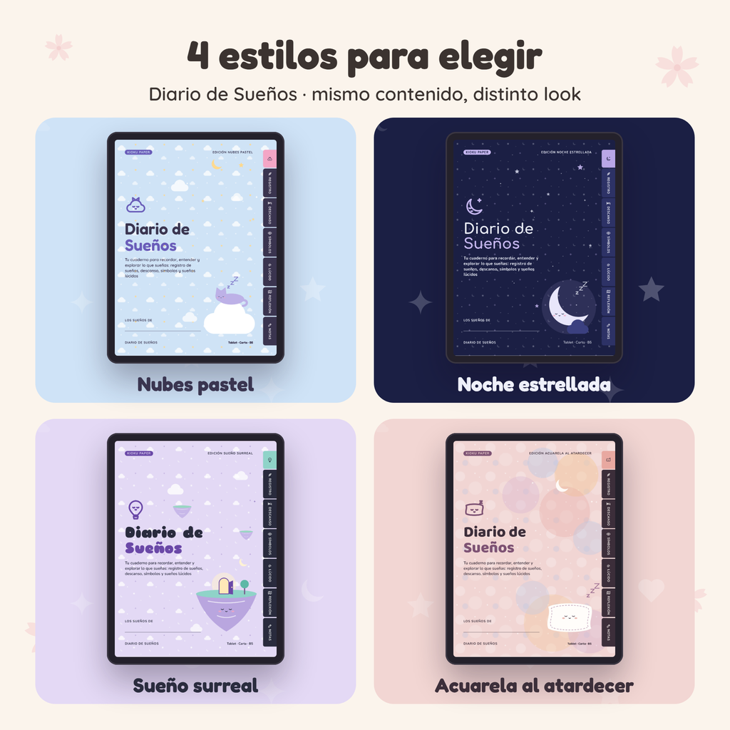 Diario de Sueños en 4 estilos: Nubes pastel, Noche estrellada, Sueño surreal y Acuarela al atardecer