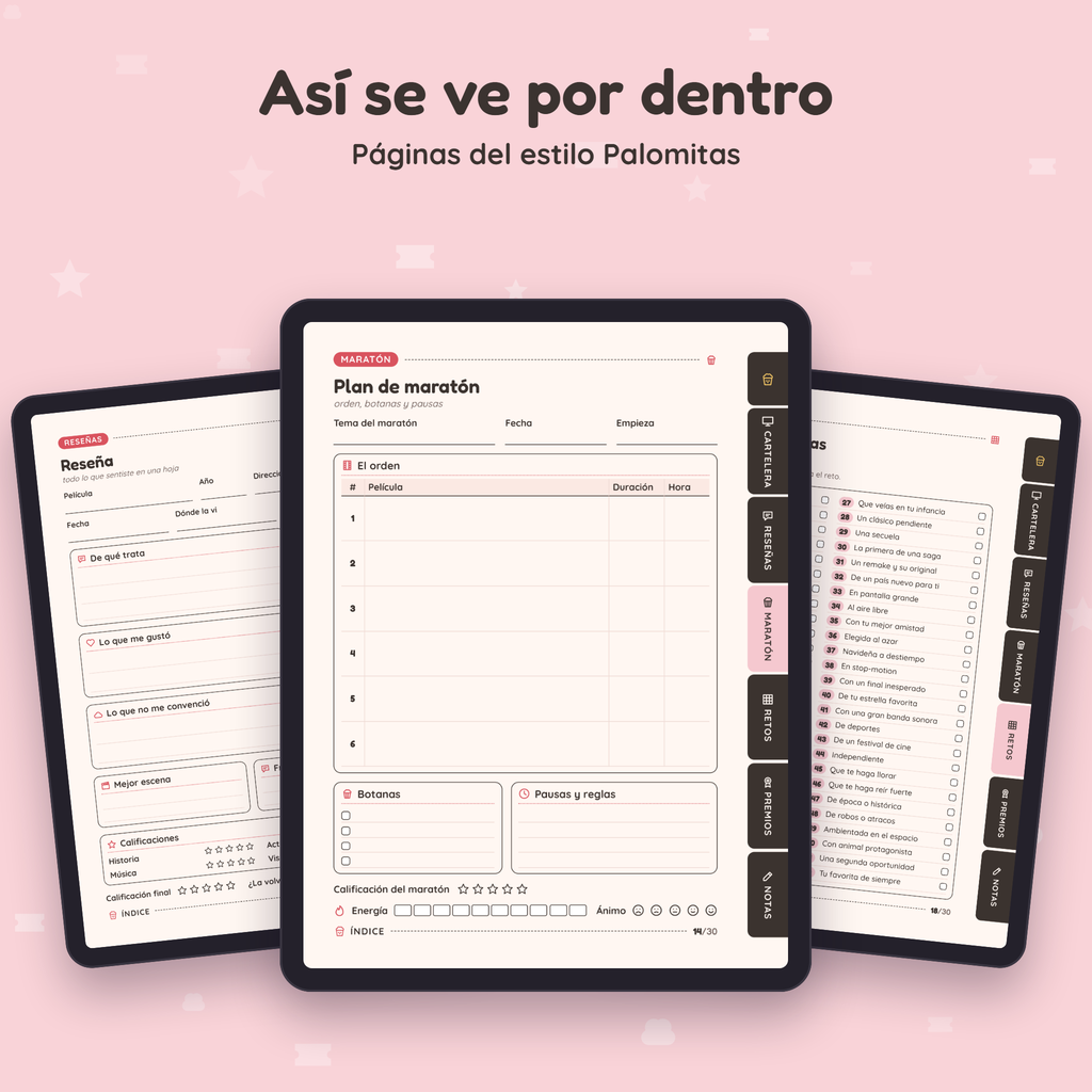 Páginas interiores de Diario de Cine en el estilo Palomitas, vistas en tres tablets