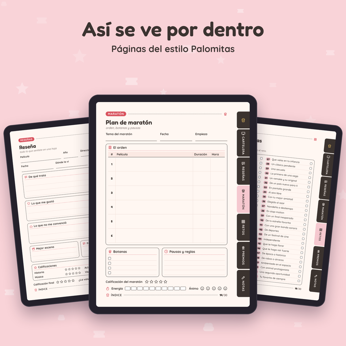 Páginas interiores de Diario de Cine en el estilo Palomitas, vistas en tres tablets
