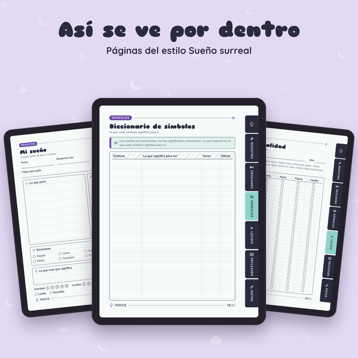 Páginas interiores de Diario de Sueños en el estilo Sueño surreal, vistas en tres tablets