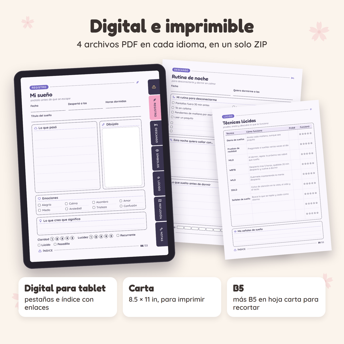 Diario de Sueños en formato digital para tablet e imprimible tamaño carta y B5