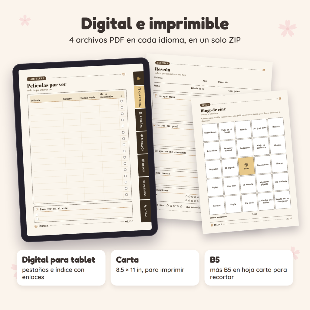Diario de Cine en formato digital para tablet e imprimible tamaño carta y B5