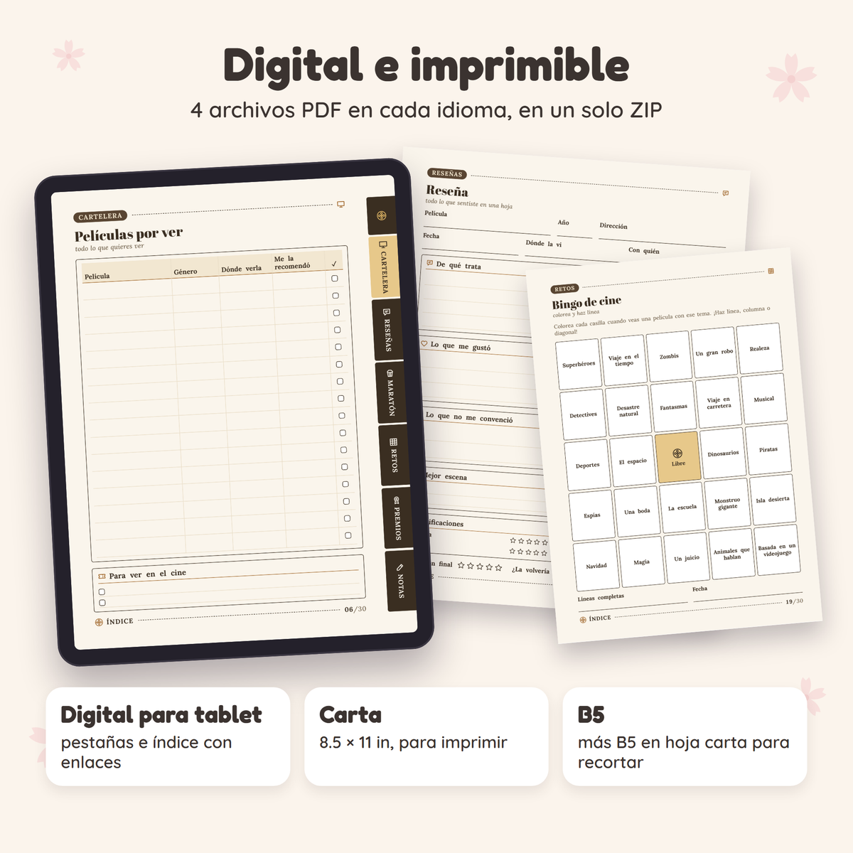 Diario de Cine en formato digital para tablet e imprimible tamaño carta y B5