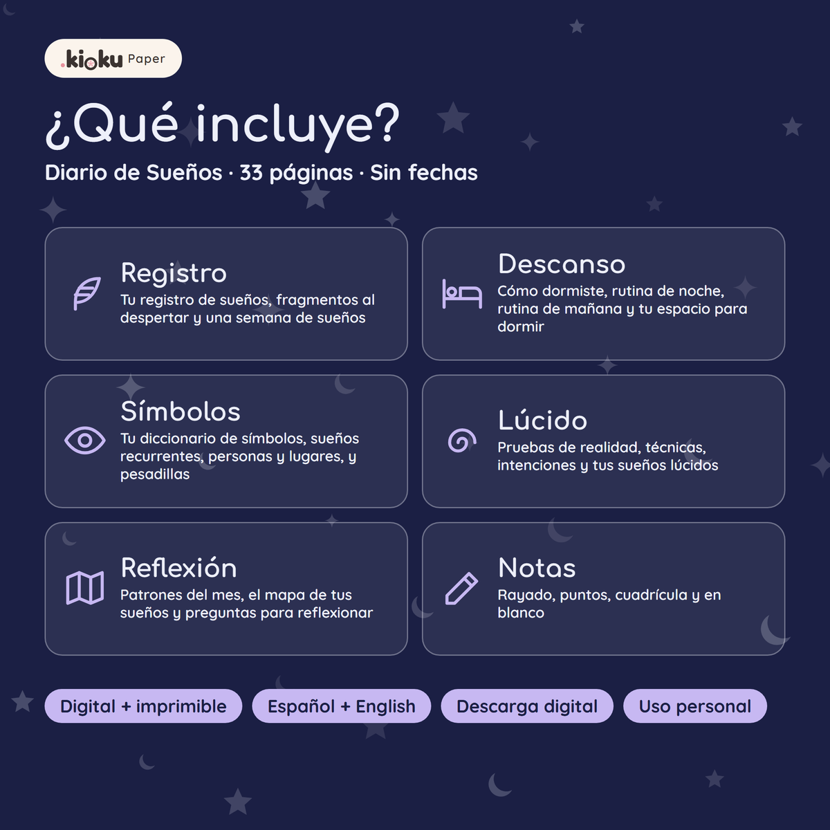 Secciones de Diario de Sueños: Registro, Descanso, Símbolos, Lúcido, Reflexión, Notas