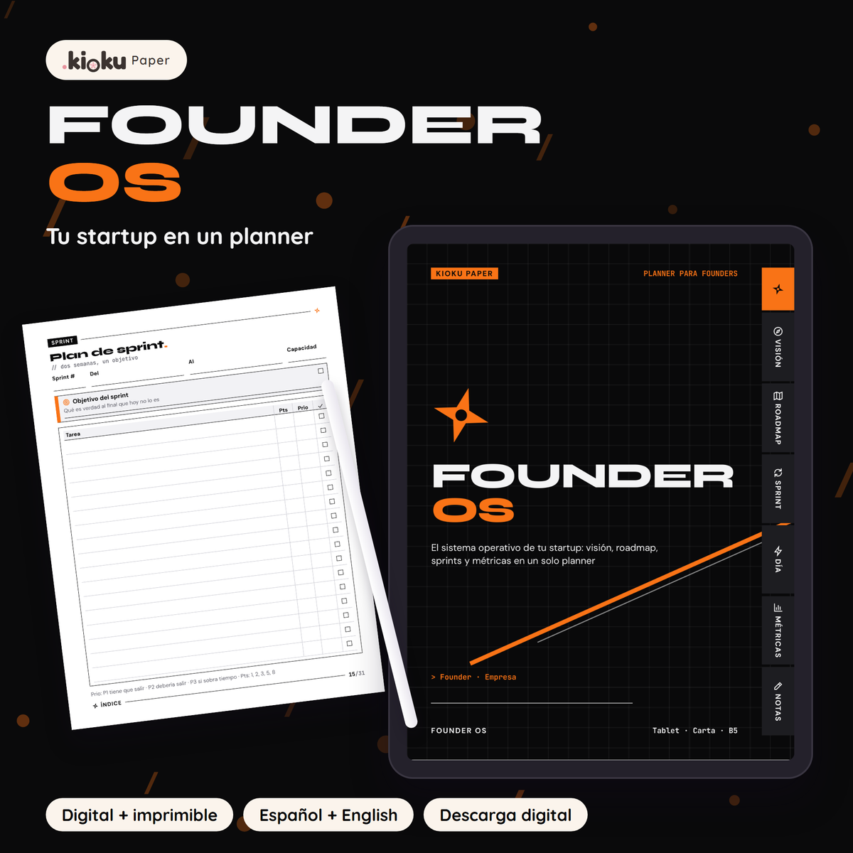 Founder OS: portada de la versión digital en una tablet y una hoja impresa tamaño carta