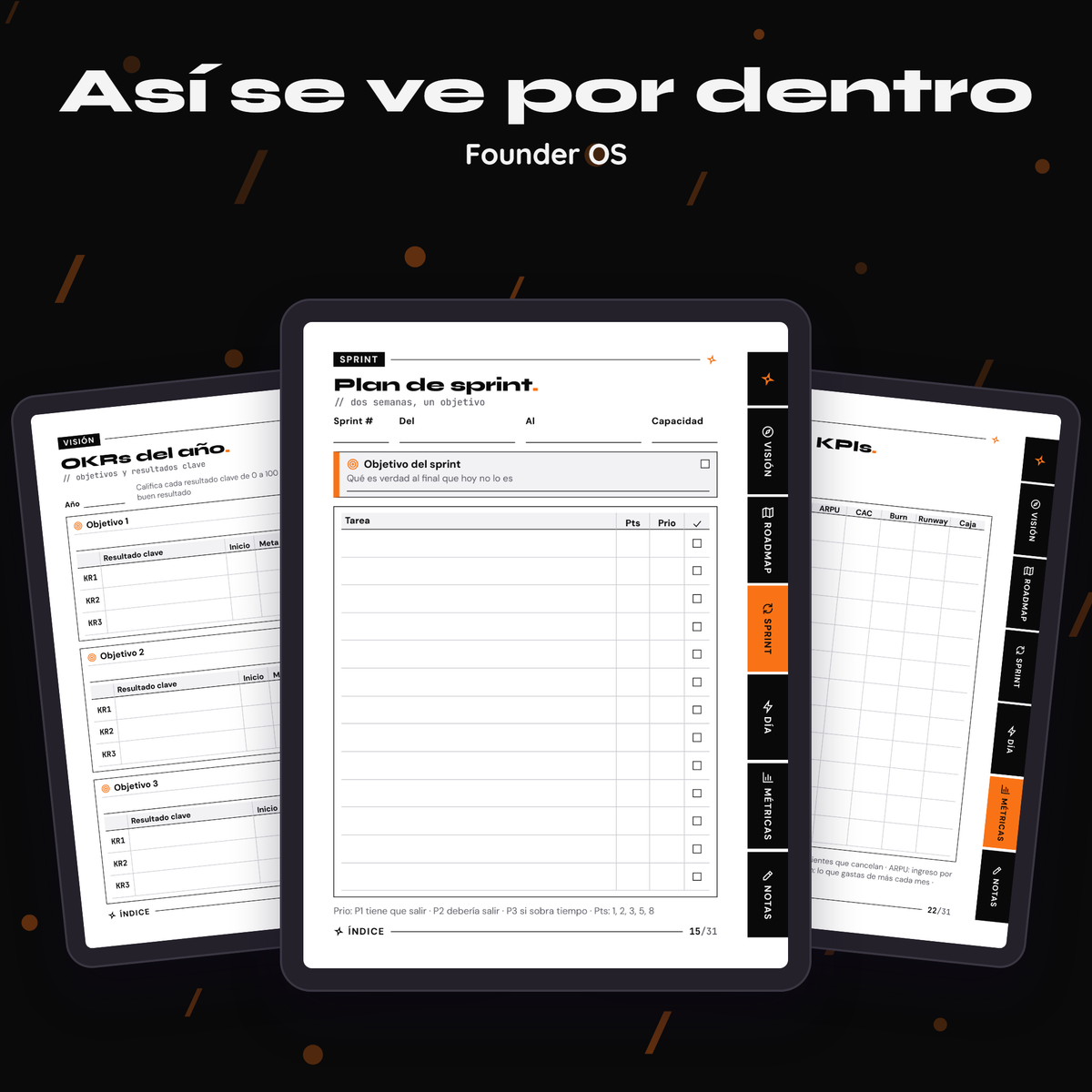 Páginas interiores de Founder OS, vistas en tres tablets
