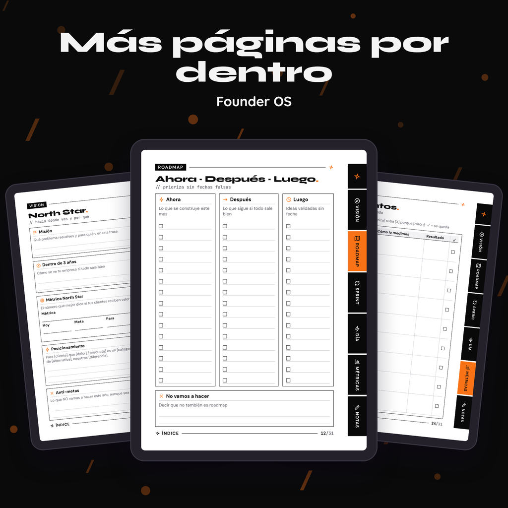 Más páginas interiores de Founder OS, vistas en tres tablets