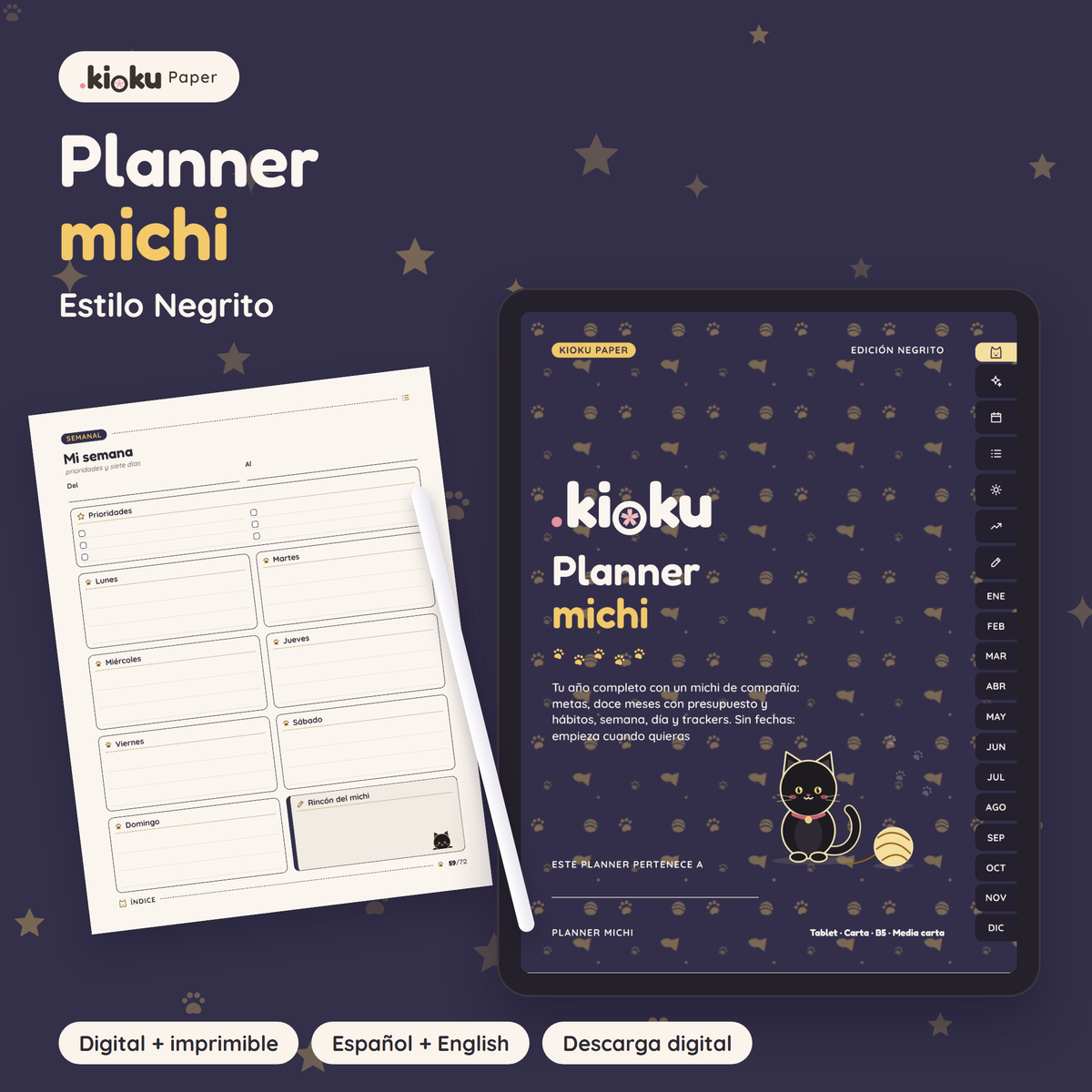 Planner Michi estilo Negrito: portada de la versión digital en una tablet y una hoja impresa tamaño carta