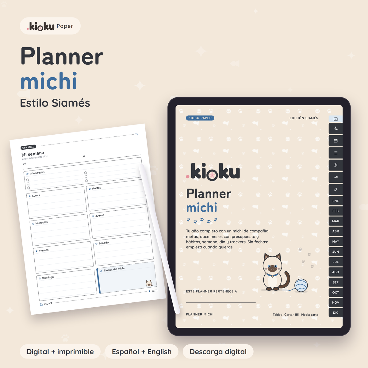 Planner Michi estilo Siamés: portada de la versión digital en una tablet y una hoja impresa tamaño carta