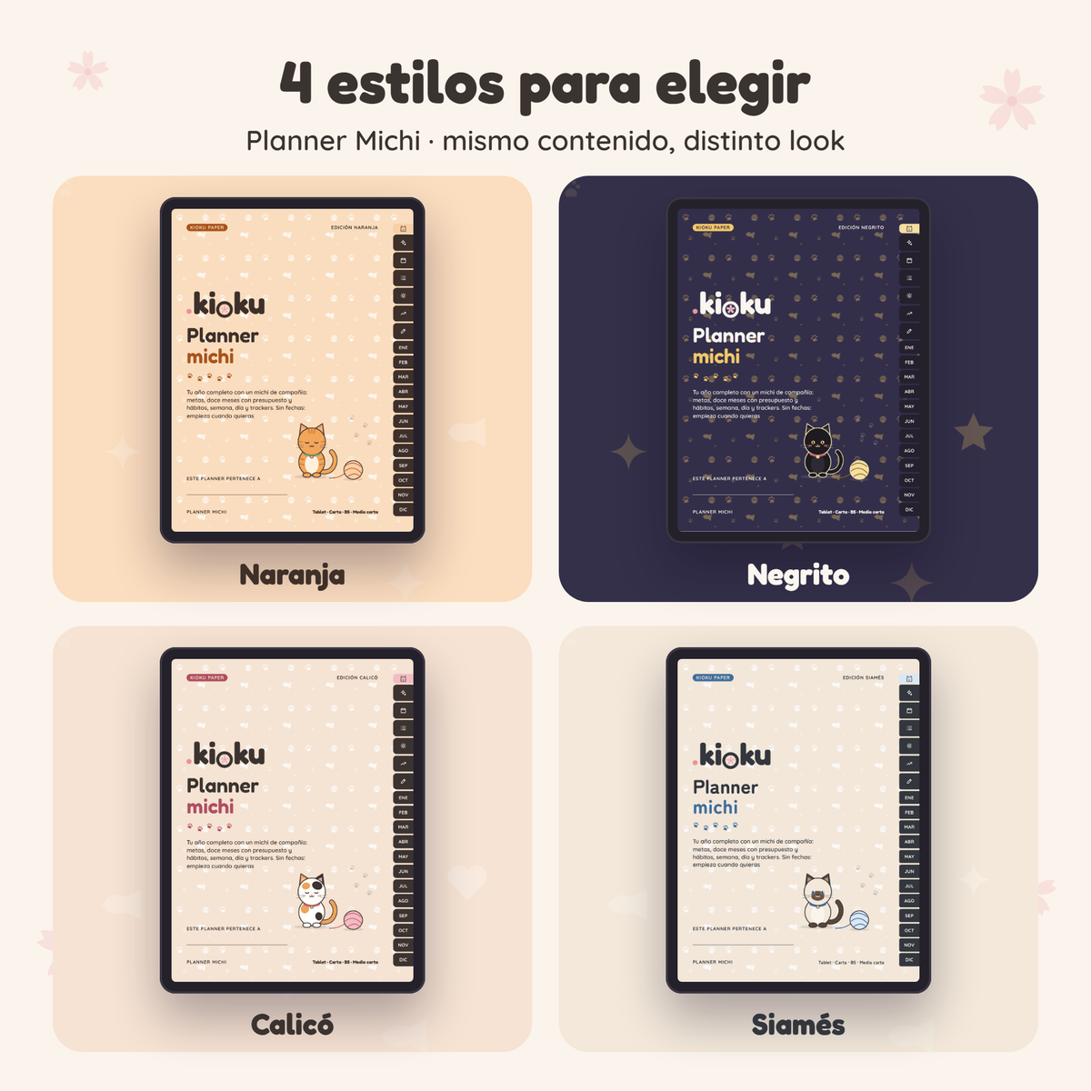 Planner Michi en 4 estilos: Naranja, Negrito, Calicó y Siamés