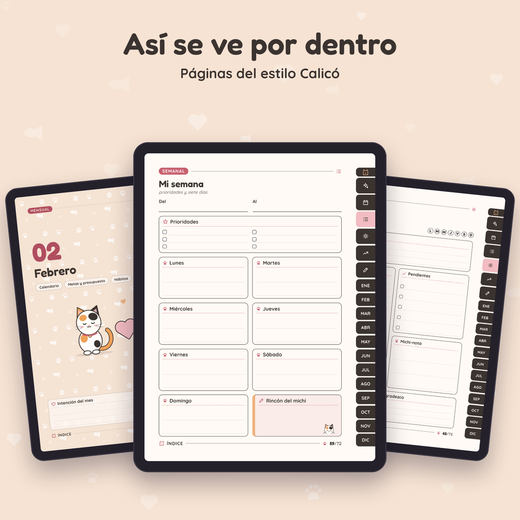 Páginas interiores de Planner Michi en el estilo Calicó, vistas en tres tablets