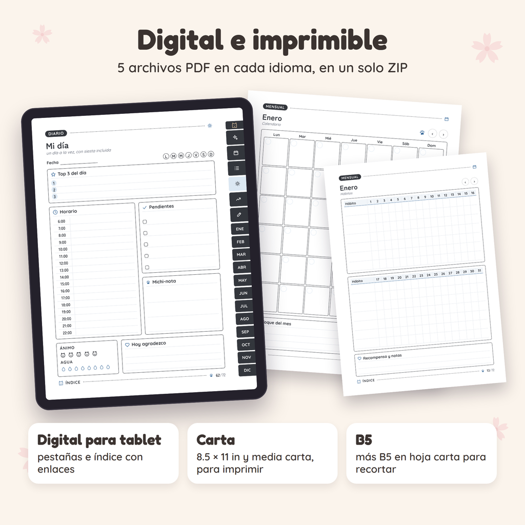 Planner Michi en formato digital para tablet e imprimible tamaño carta y B5