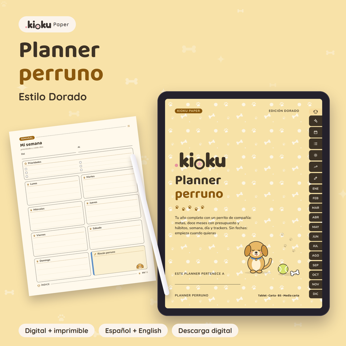 Planner Perruno estilo Dorado: portada de la versión digital en una tablet y una hoja impresa tamaño carta