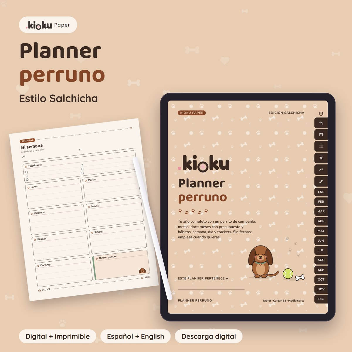 Planner Perruno estilo Salchicha: portada de la versión digital en una tablet y una hoja impresa tamaño carta