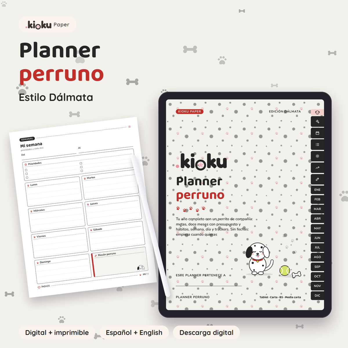 Planner Perruno estilo Dálmata: portada de la versión digital en una tablet y una hoja impresa tamaño carta