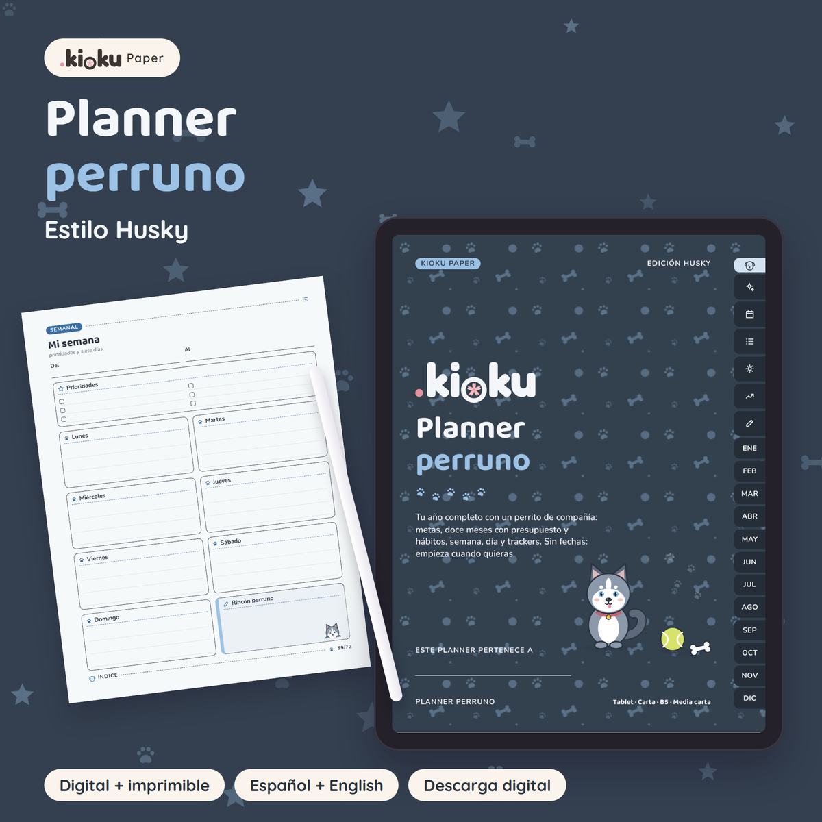 Planner Perruno estilo Husky: portada de la versión digital en una tablet y una hoja impresa tamaño carta