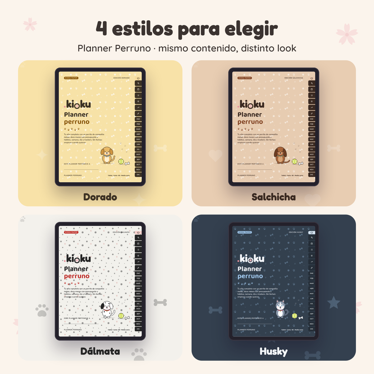 Planner Perruno en 4 estilos: Dorado, Salchicha, Dálmata y Husky