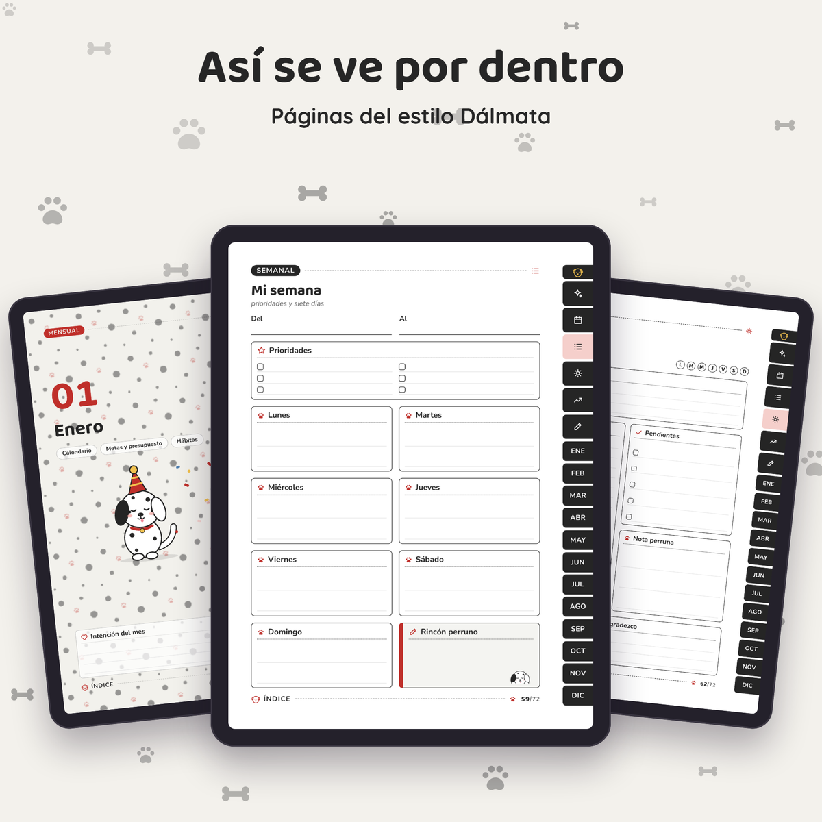 Páginas interiores de Planner Perruno en el estilo Dálmata, vistas en tres tablets