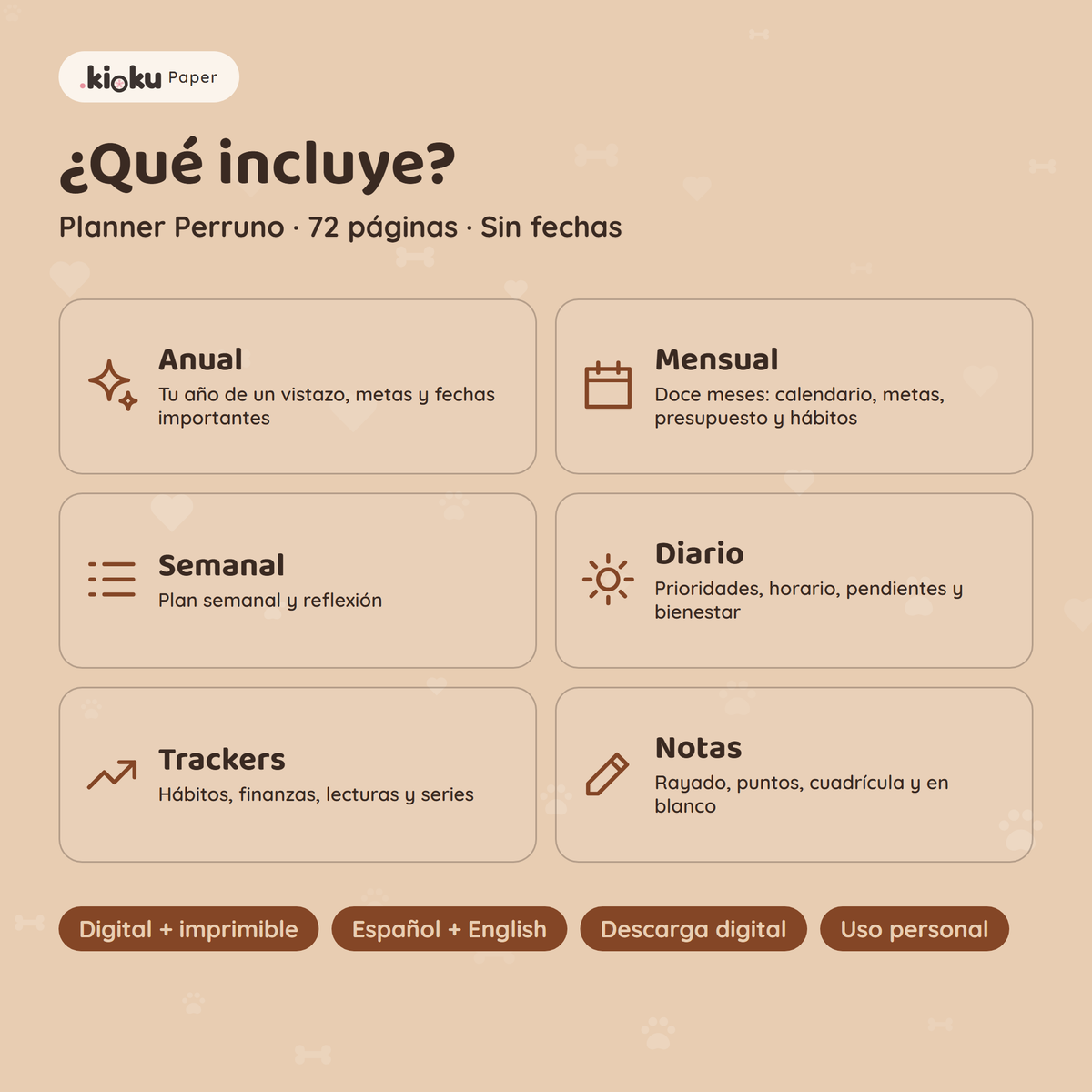 Secciones de Planner Perruno: Anual, Mensual, Semanal, Diario, Trackers, Notas