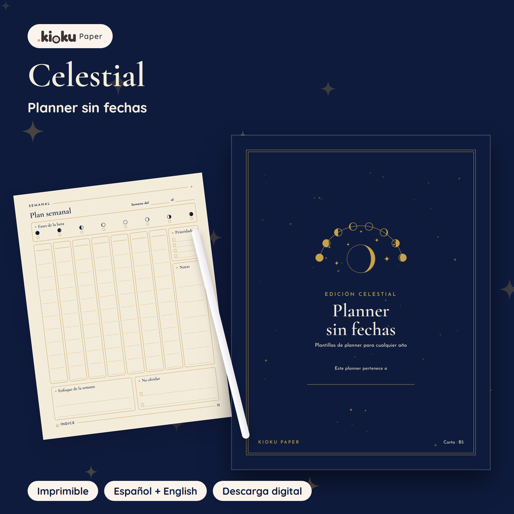 Planner Celestial: portada y una página impresas en tamaño carta