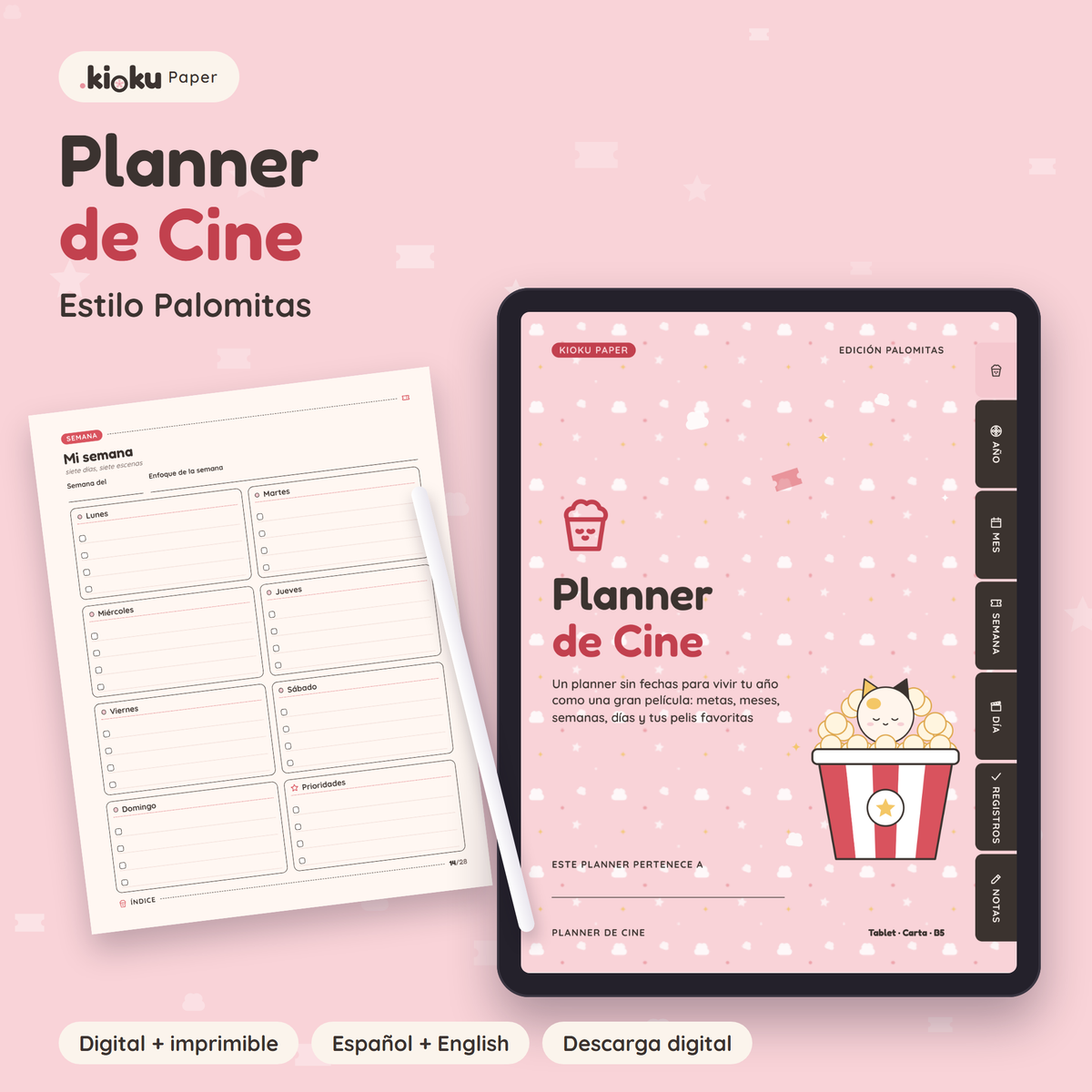 Planner de Cine estilo Palomitas: portada de la versión digital en una tablet y una hoja impresa tamaño carta