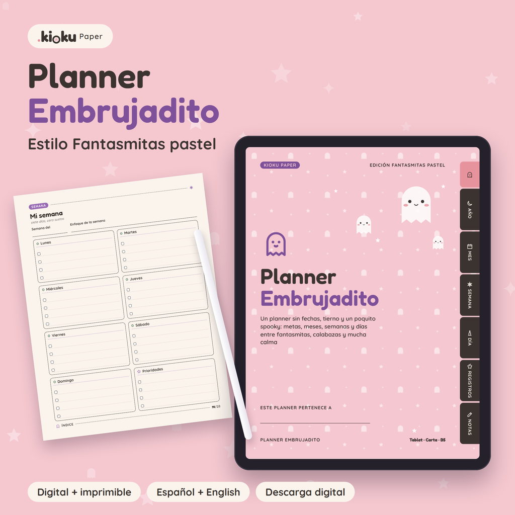 Planner Embrujadito estilo Fantasmitas pastel: portada del planner digital en una tablet y una hoja impresa tamaño carta