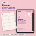 Planner Embrujadito estilo Fantasmitas pastel: portada del planner digital en una tablet y una hoja impresa tamaño carta