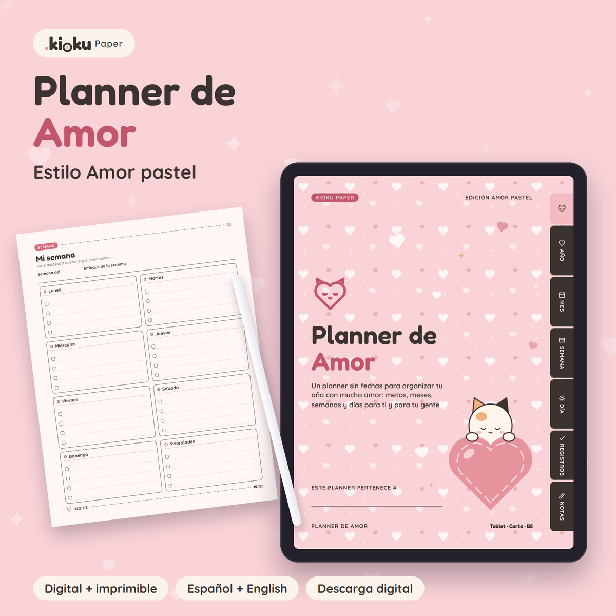 Planner de Amor estilo Amor pastel: portada de la versión digital en una tablet y una hoja impresa tamaño carta