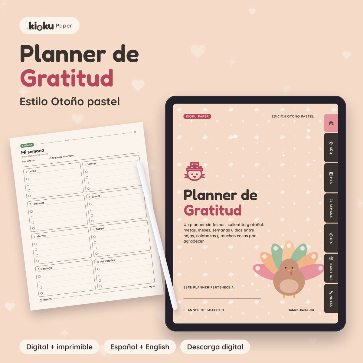 Planner de Gratitud estilo Otoño pastel: portada de la versión digital en una tablet y una hoja impresa tamaño carta
