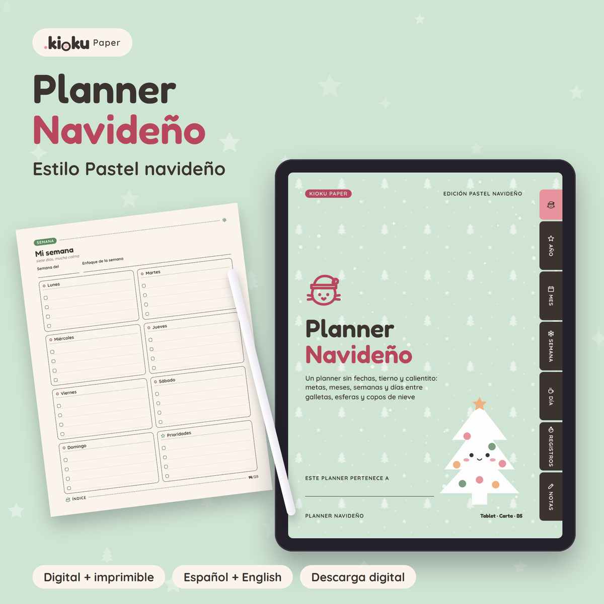 Planner Navideño estilo Pastel navideño: portada de la versión digital en una tablet y una hoja impresa tamaño carta
