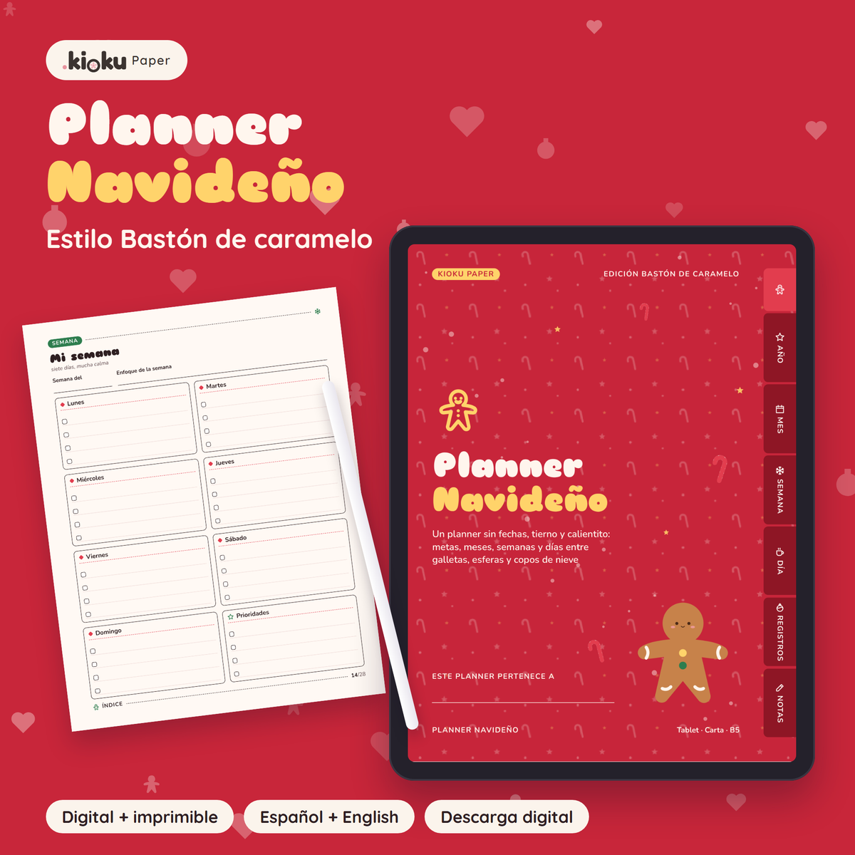Planner Navideño estilo Bastón de caramelo: portada de la versión digital en una tablet y una hoja impresa tamaño carta