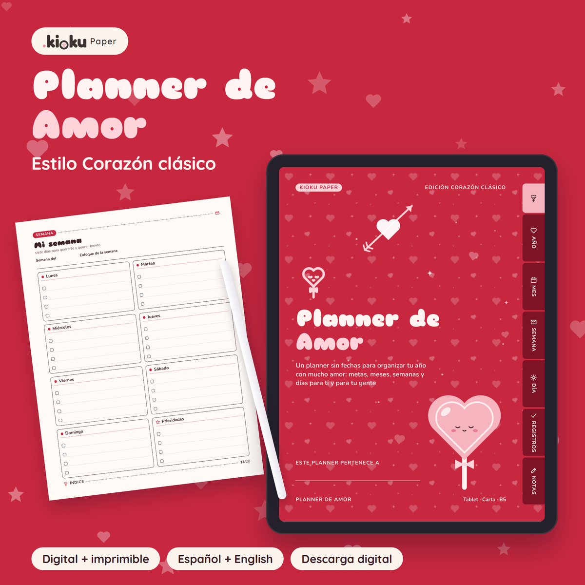 Planner de Amor estilo Corazón clásico: portada de la versión digital en una tablet y una hoja impresa tamaño carta