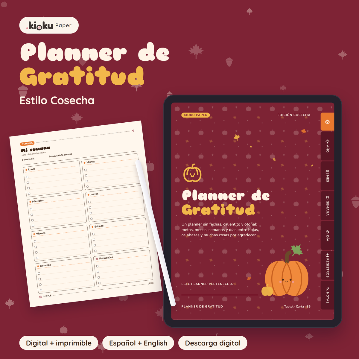 Planner de Gratitud estilo Cosecha: portada de la versión digital en una tablet y una hoja impresa tamaño carta