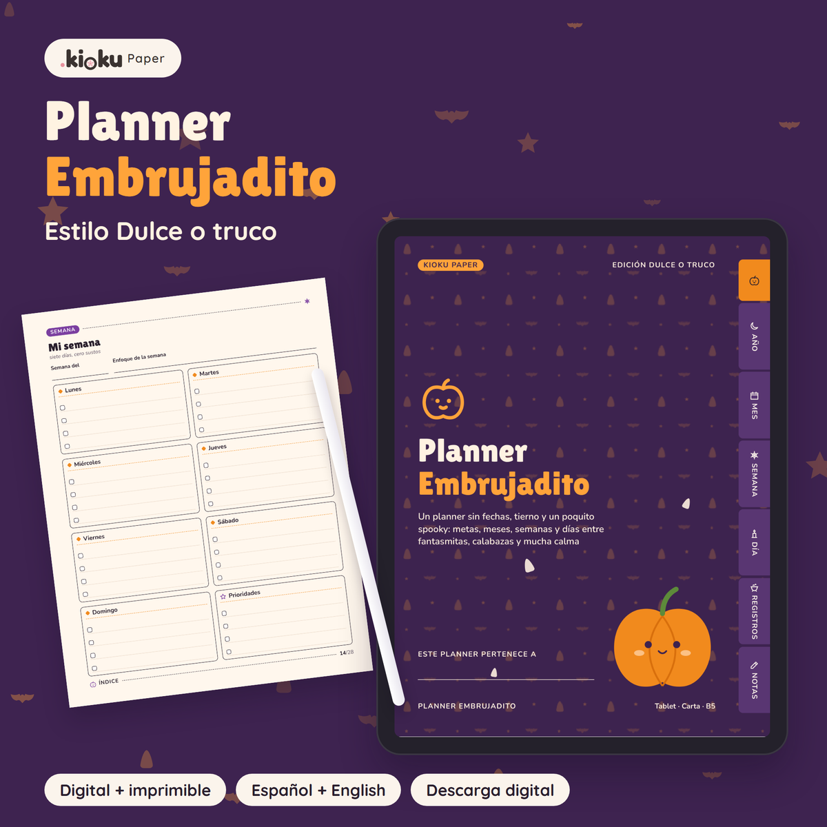 Planner Embrujadito estilo Dulce o truco: portada del planner digital en una tablet y una hoja impresa tamaño carta